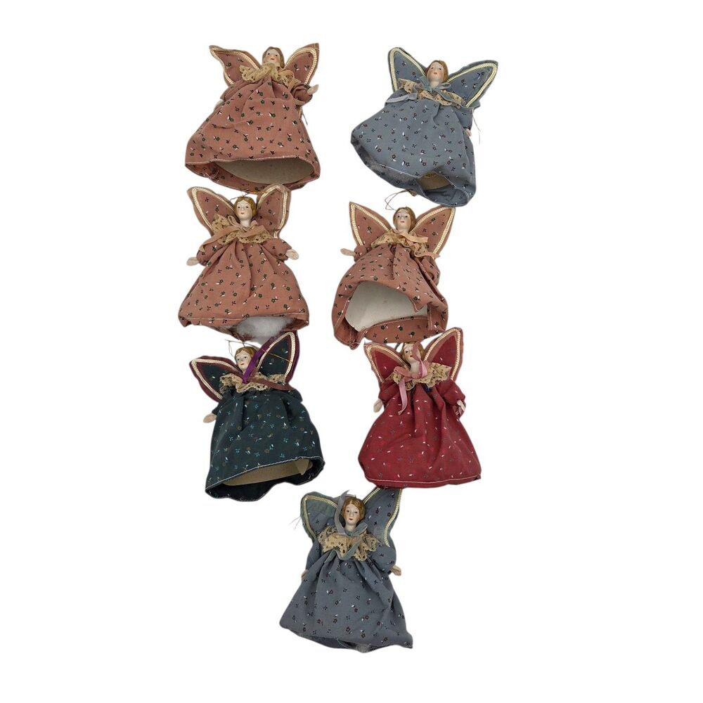 Lot of 7 Vintage Porcelain Angel Ornaments 5.5" Fabric Dress Victorian 1980s